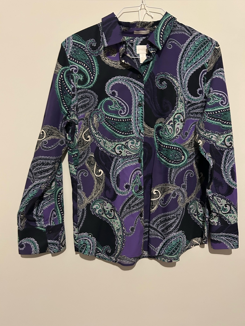 Chico's Purple Paisley Button-Front Blouse with Teal Accents